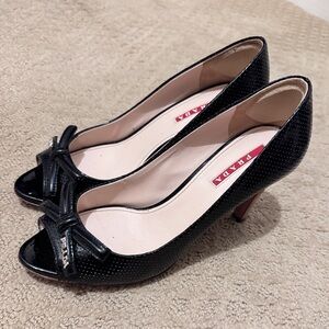 Prada Black Bow Peep-Toe Heels